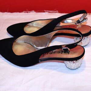 Black Leather Kate Spade Ruby Sling Shoes with Bedazzled 1" Round Beaded Heals
